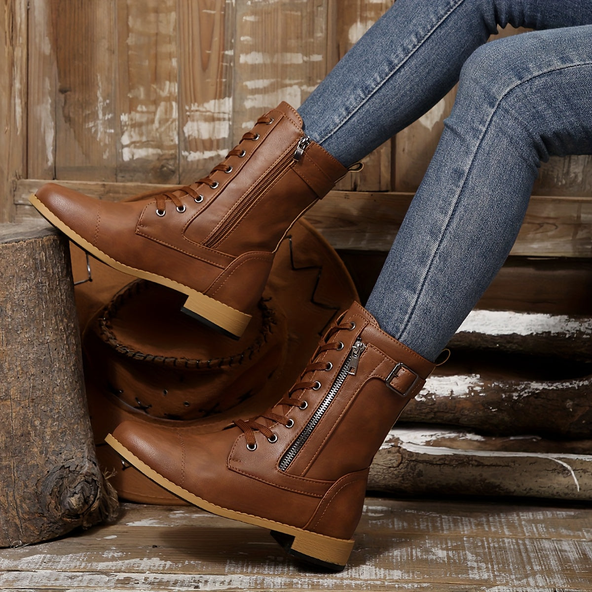 🔥Last Day 80% OFF - Women's Zipper Leather Boots - Wide Fit, Cushioned Sole Pain Relief Riding