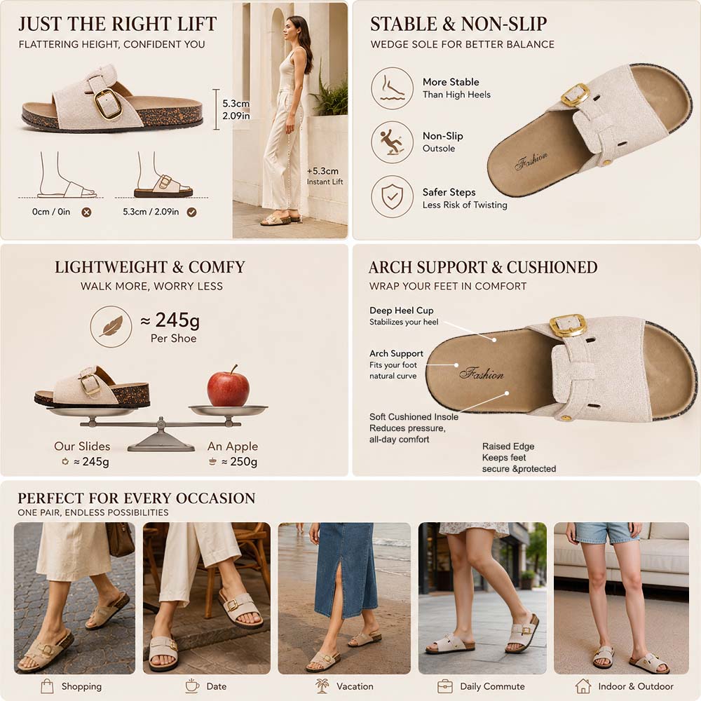 Vintage Buckle Slides for Women & Men – Suede-Look Adjustable Strap Sandals, Comfortable Everyday Walking Shoes with Cushioned Footbed